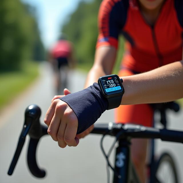 Cycliste consultant ses données de performance sur une montre connectée